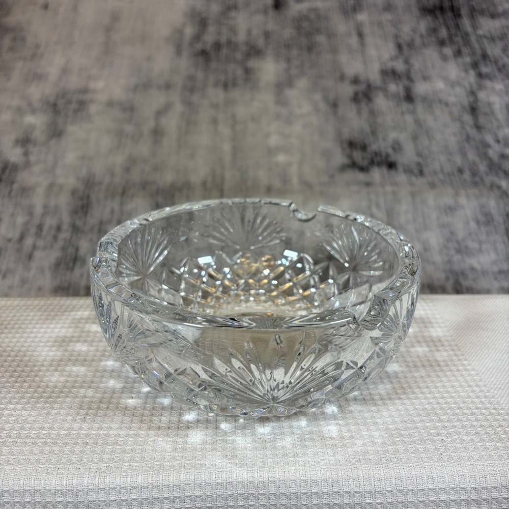 Vintage Round Cut Crystal Ashtray Diamond Sunburst Pattern Heavy Glass